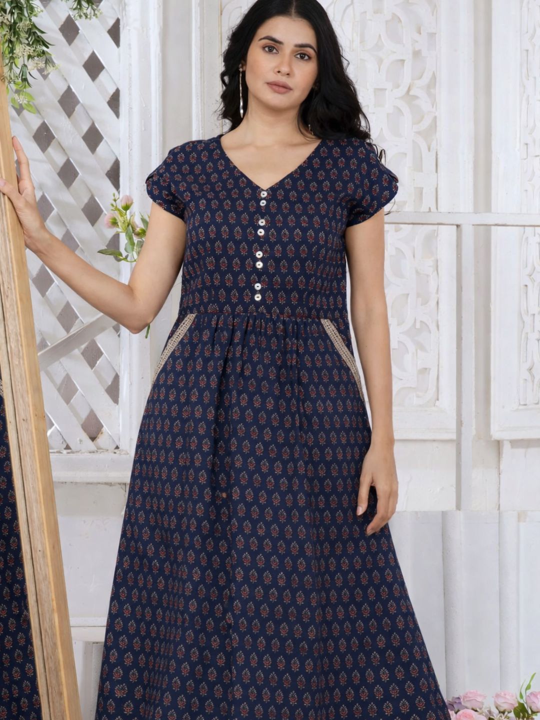 Navy Blue Indie Motifs Midi Dress – Saffron Threads