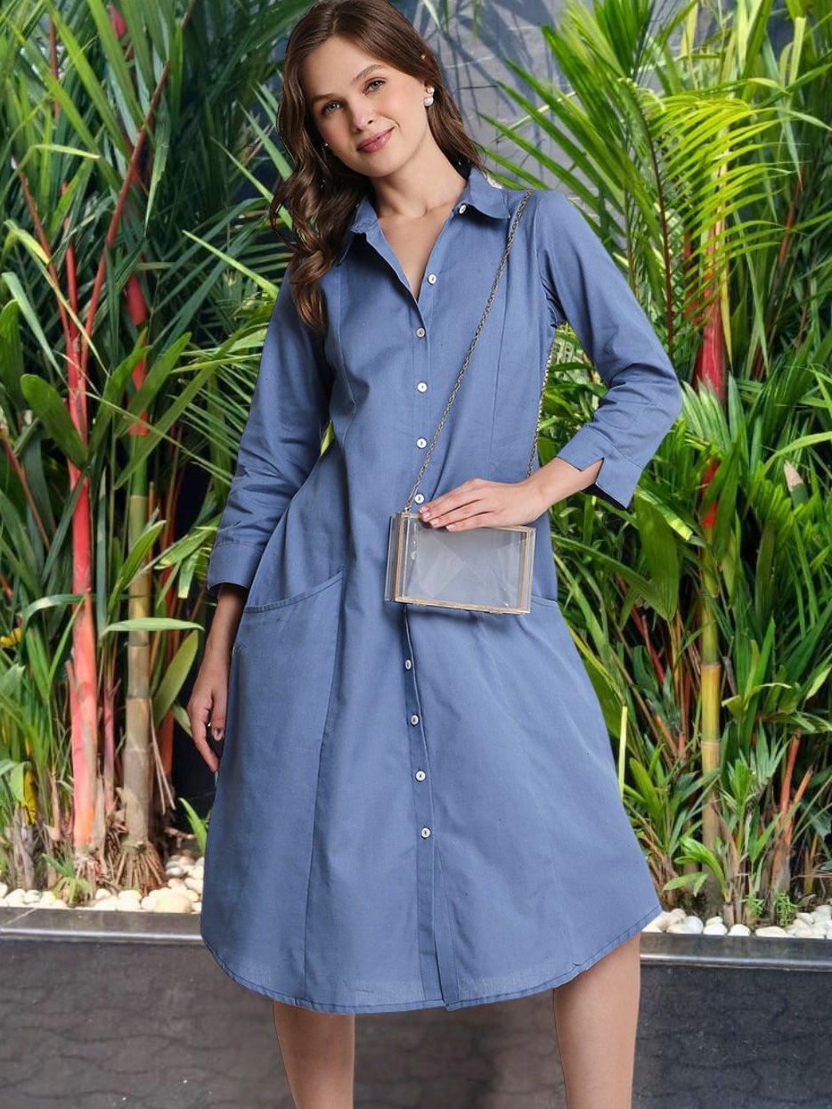 Blue Solid Midi Shirt Dress with Pockets Saffron Threads Blue Solid Midi Shirt Dress with Pockets Saffron Threads