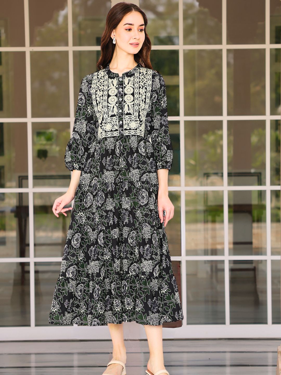 Off White & Black Chevron Printed Pure Cotton Tiered Midi Dress