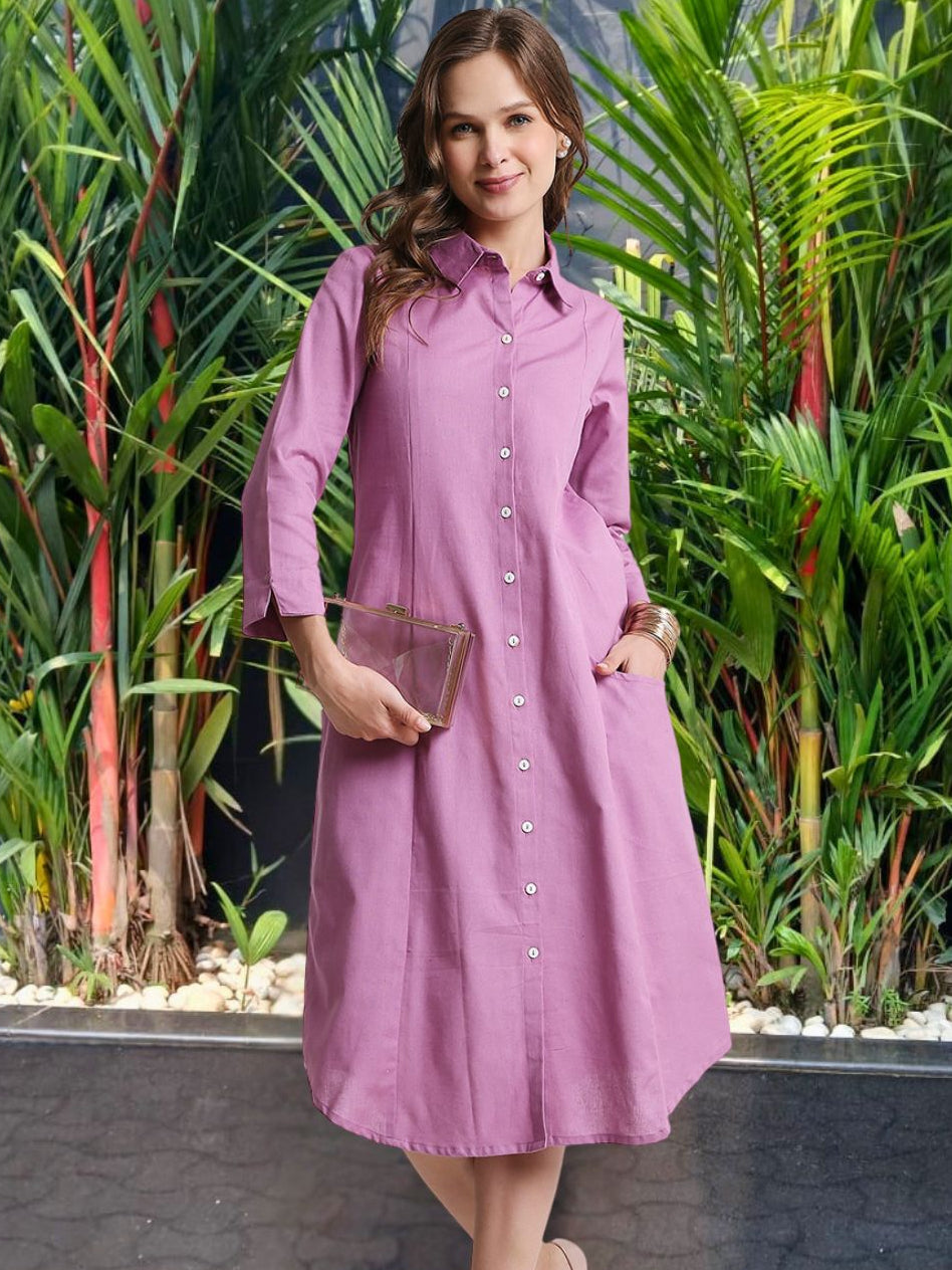 Mauve Solid Midi Shirt Dress with Pockets – Saffron Threads Mauve Solid Midi Shirt Dress with Pockets – Saffron Threads
