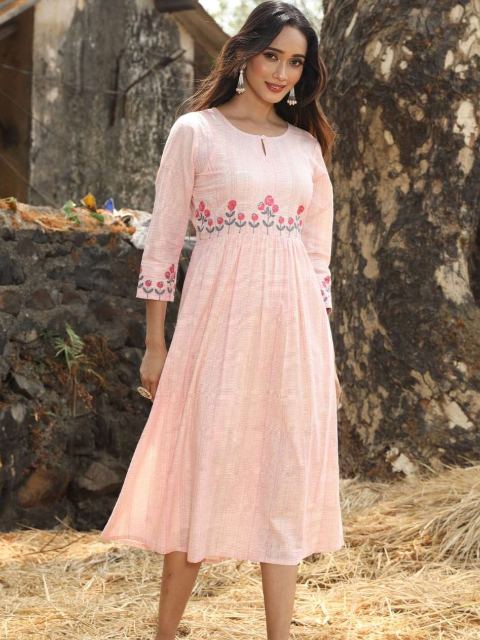 Pink Cotton Embroidered Dress with Micro Grid Print Saffron Threads Pink Cotton Embroidered Dress with Micro Grid Print Saffron Threads