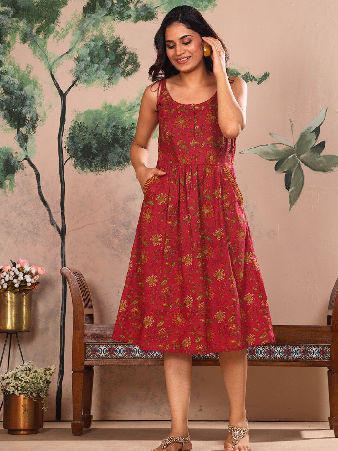 Red Ornate Bloom Printed Cotton Fit & Flare Dress  Saffron Threads