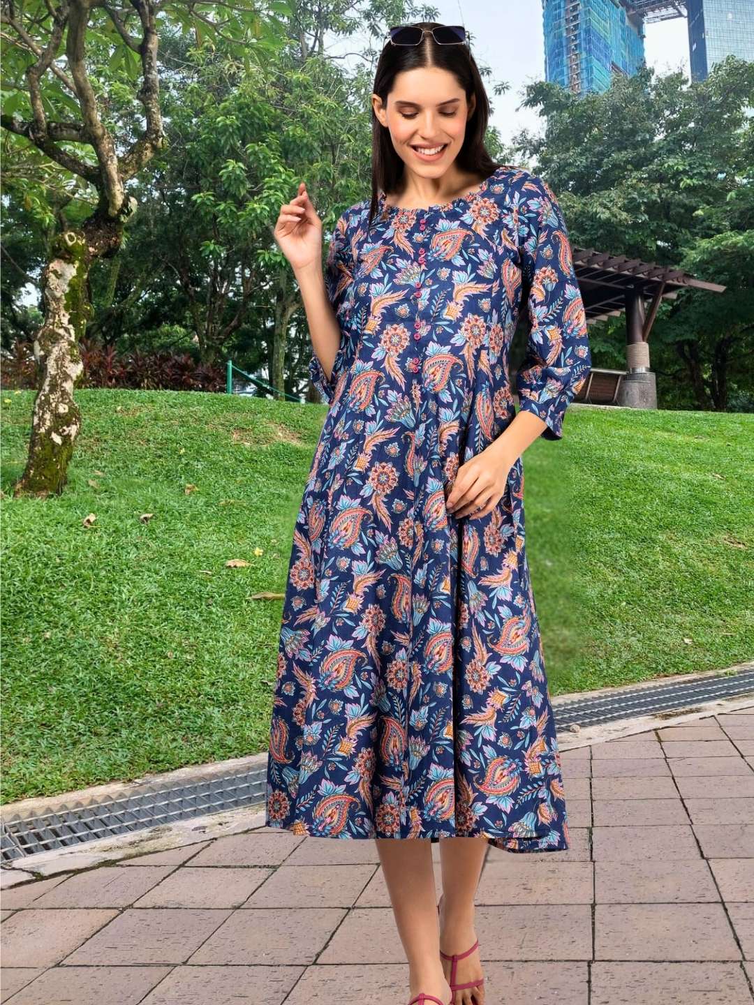 Royal Blue Paisley Print Cotton Dress with Back Strap Saffron Threads Royal Blue Paisley Print Cotton Dress with Back Strap Saffron Threads