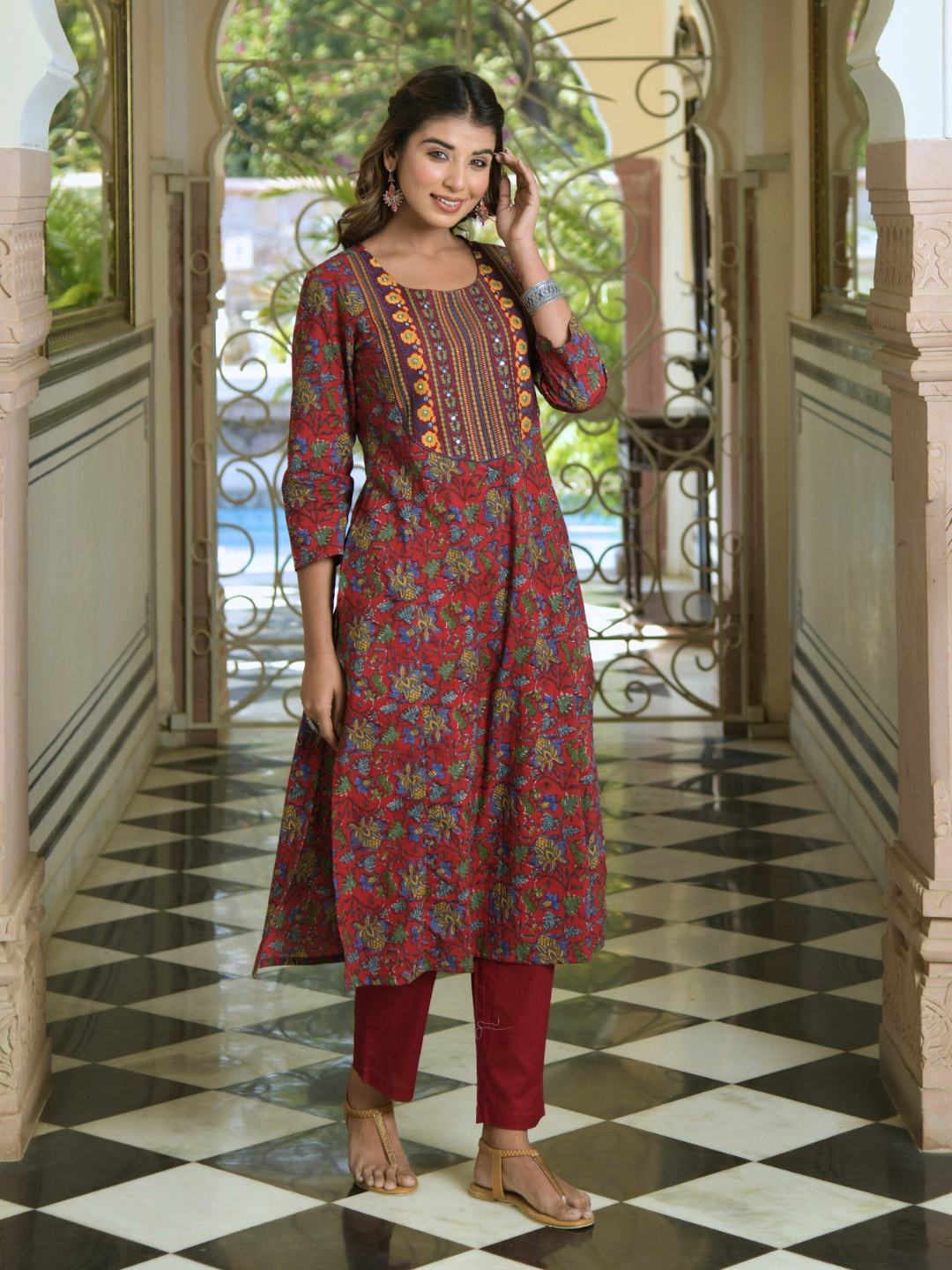 Red Floral Print Cotton Kurta with Yoke Embroidery