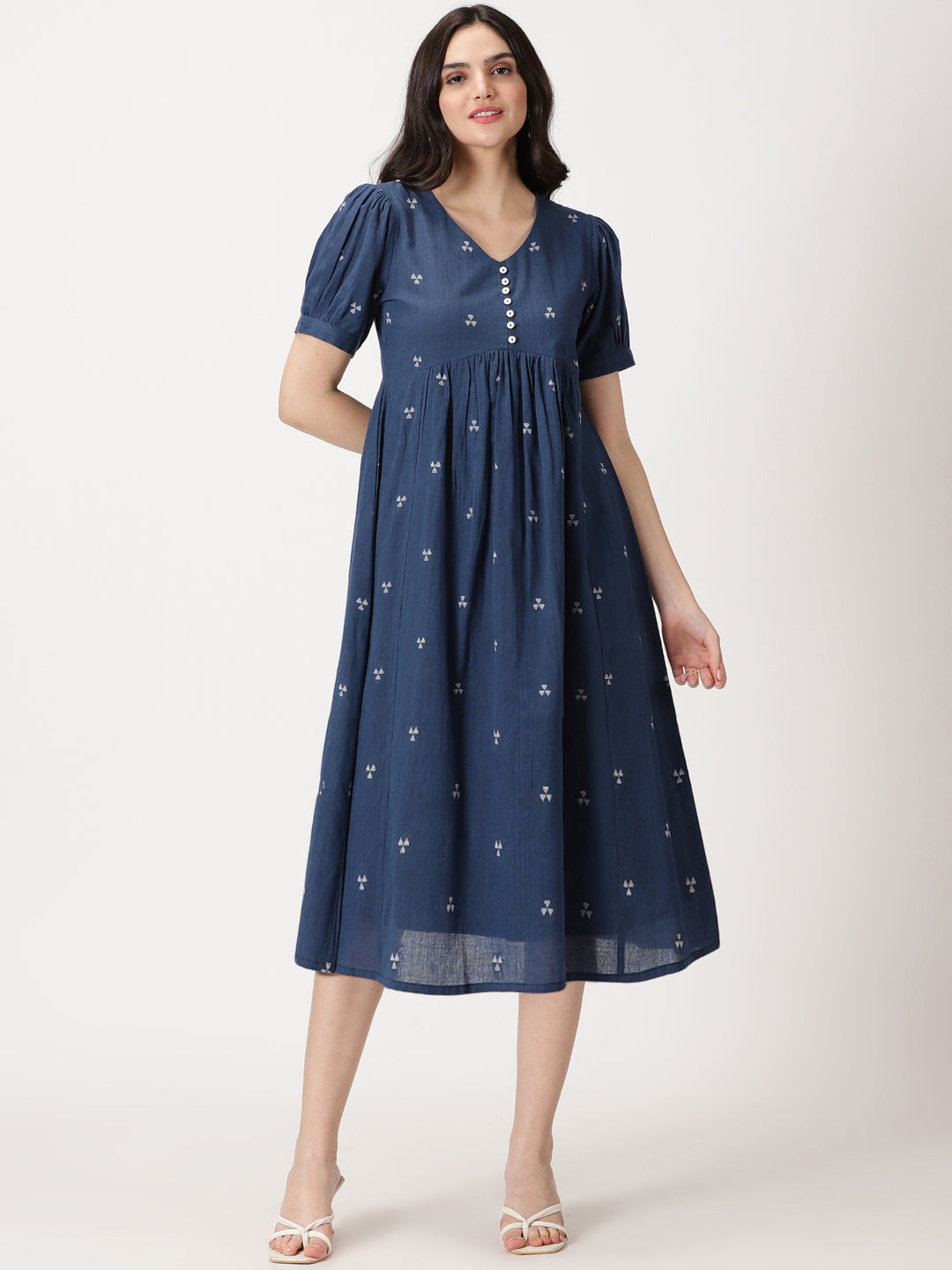 Navy Blue Woven Design Cotton Midi Dress