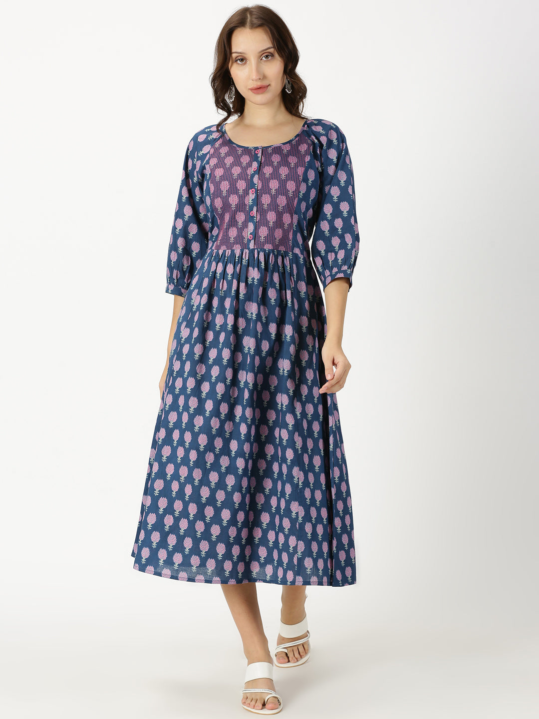 Blue Floral Print Midi Dress with Yoke Embroidery