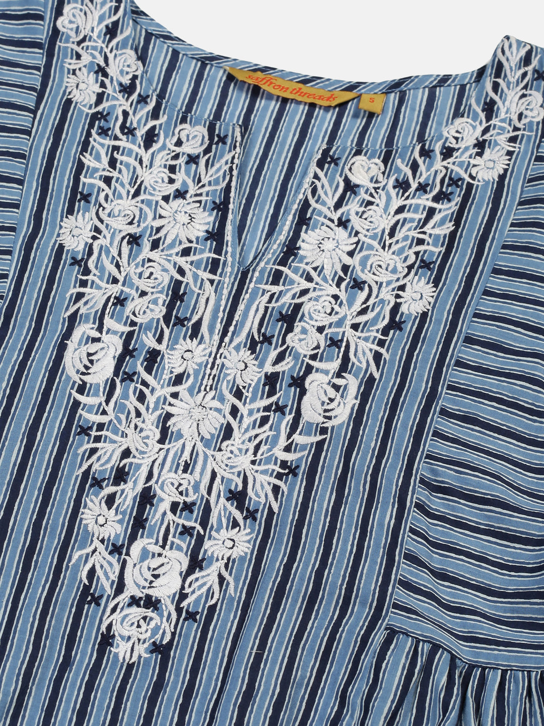 Blue Striped A-line Cotton Kurta with Yoke Embroidery