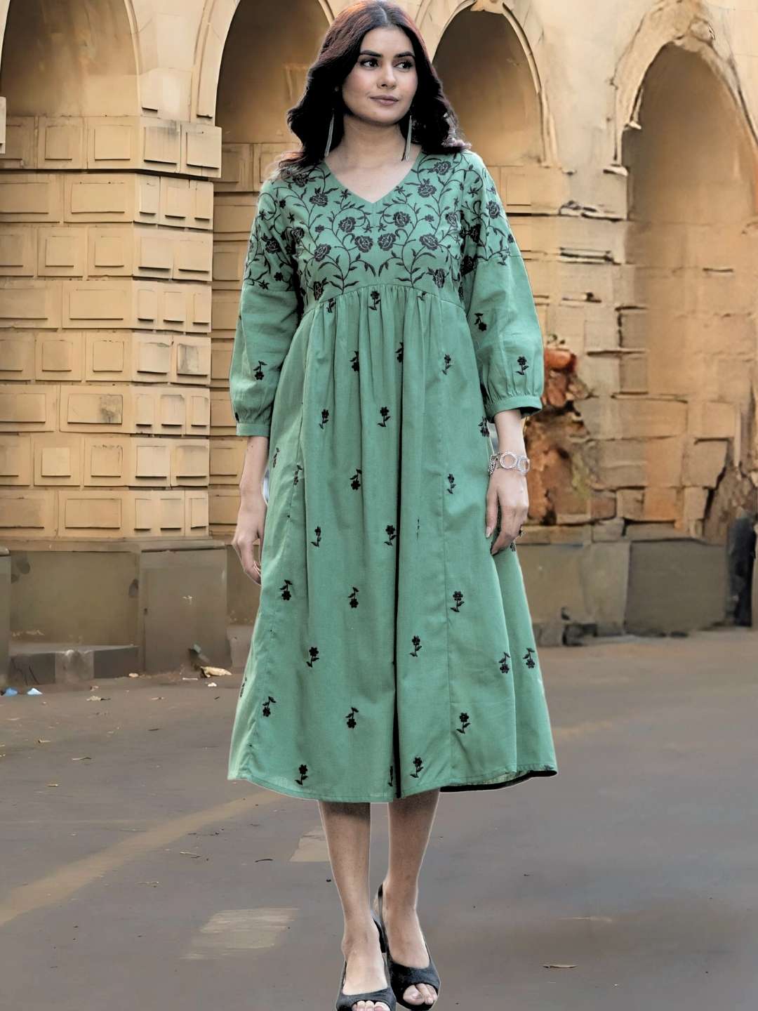 Green Boho Embroidered Cotton Midi Dress Saffron Threads Green Boho Embroidered Cotton Midi Dress Saffron Threads