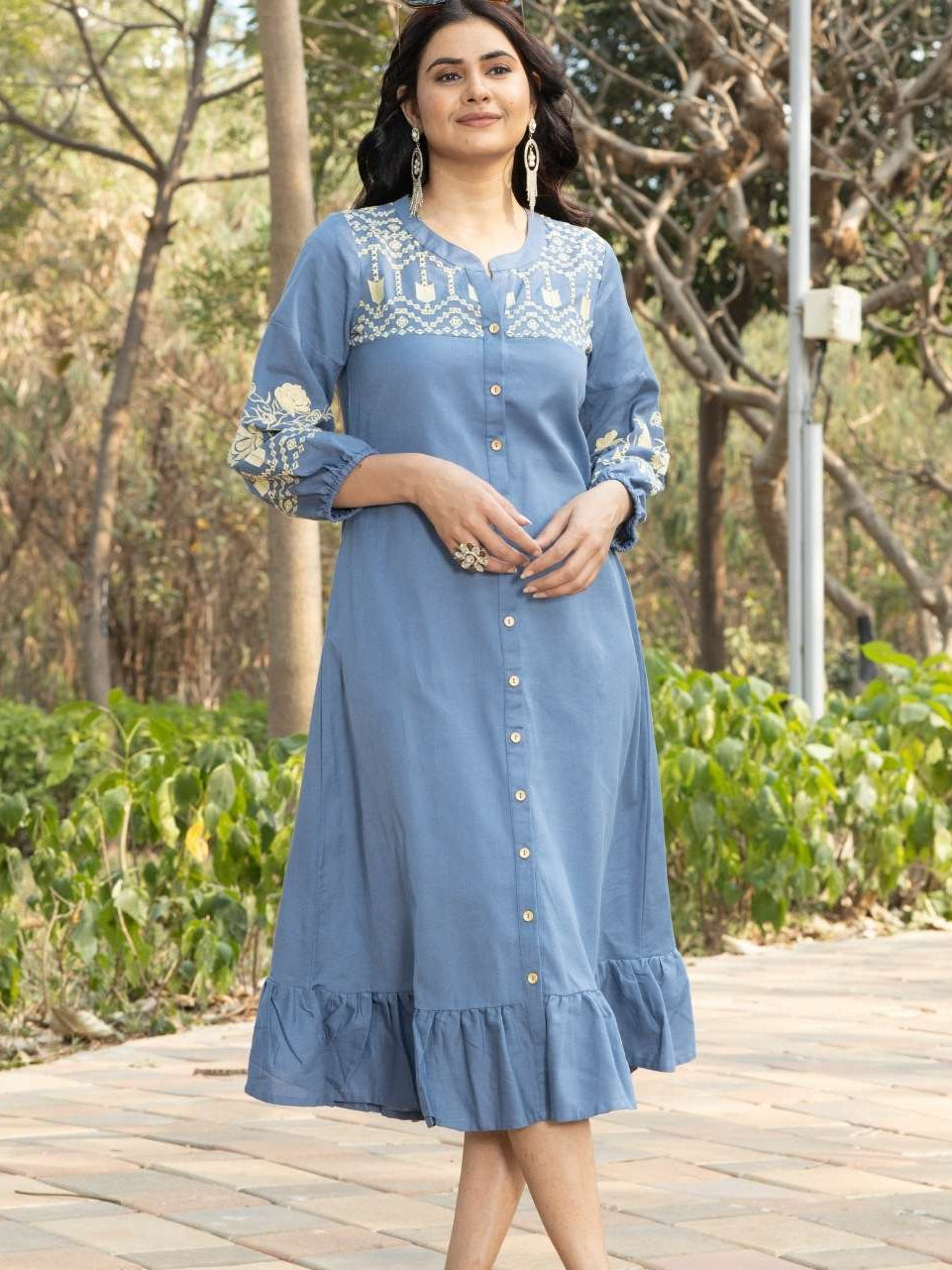 Blue Boho Midi Dress with Embroidered Details Saffron Threads Blue Boho Midi Dress with Embroidered Details Saffron Threads