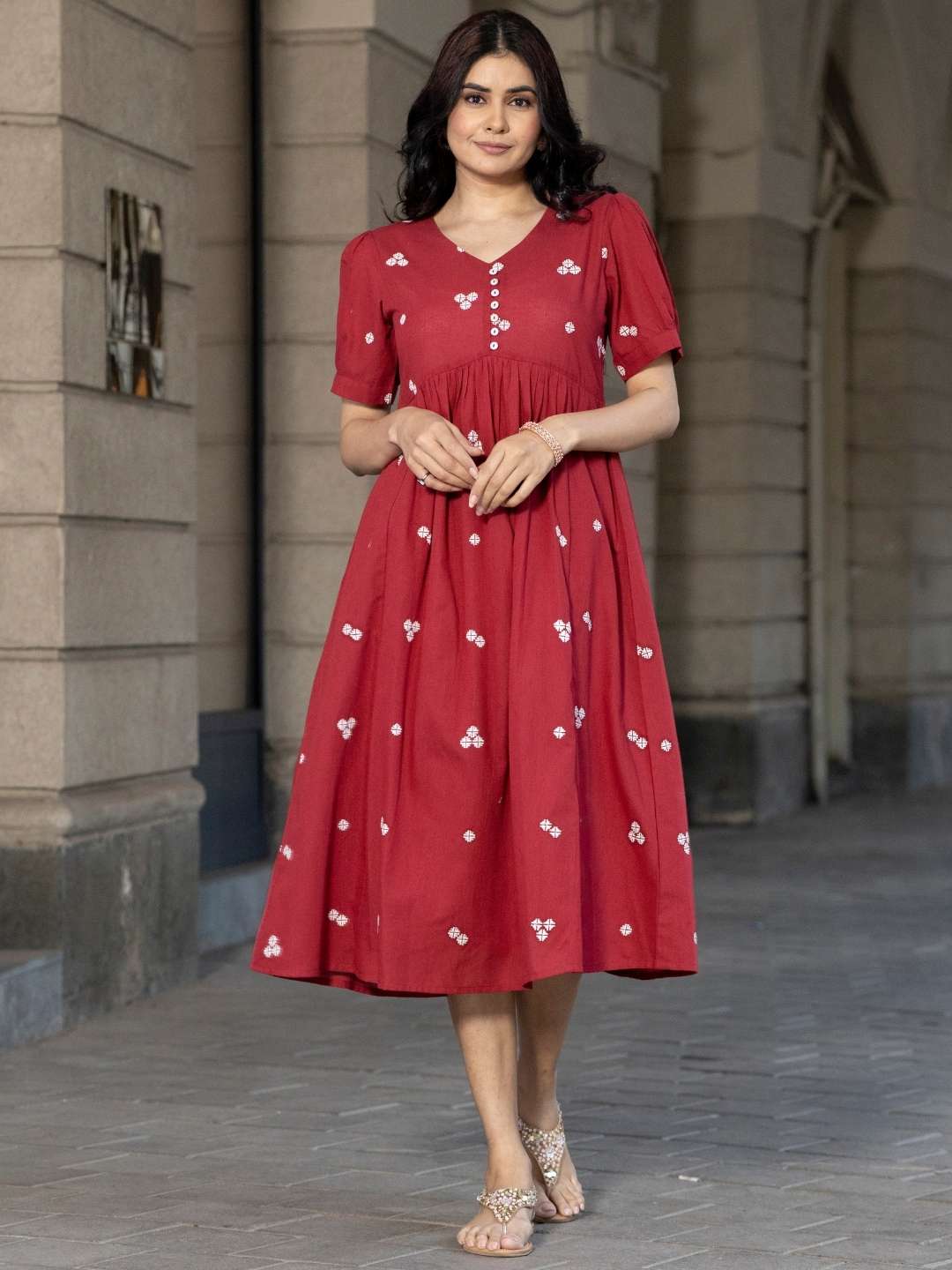 Red Cotton Midi Dress With Embroidery Saffron Threads Red Cotton Midi Dress With Embroidery Saffron Threads