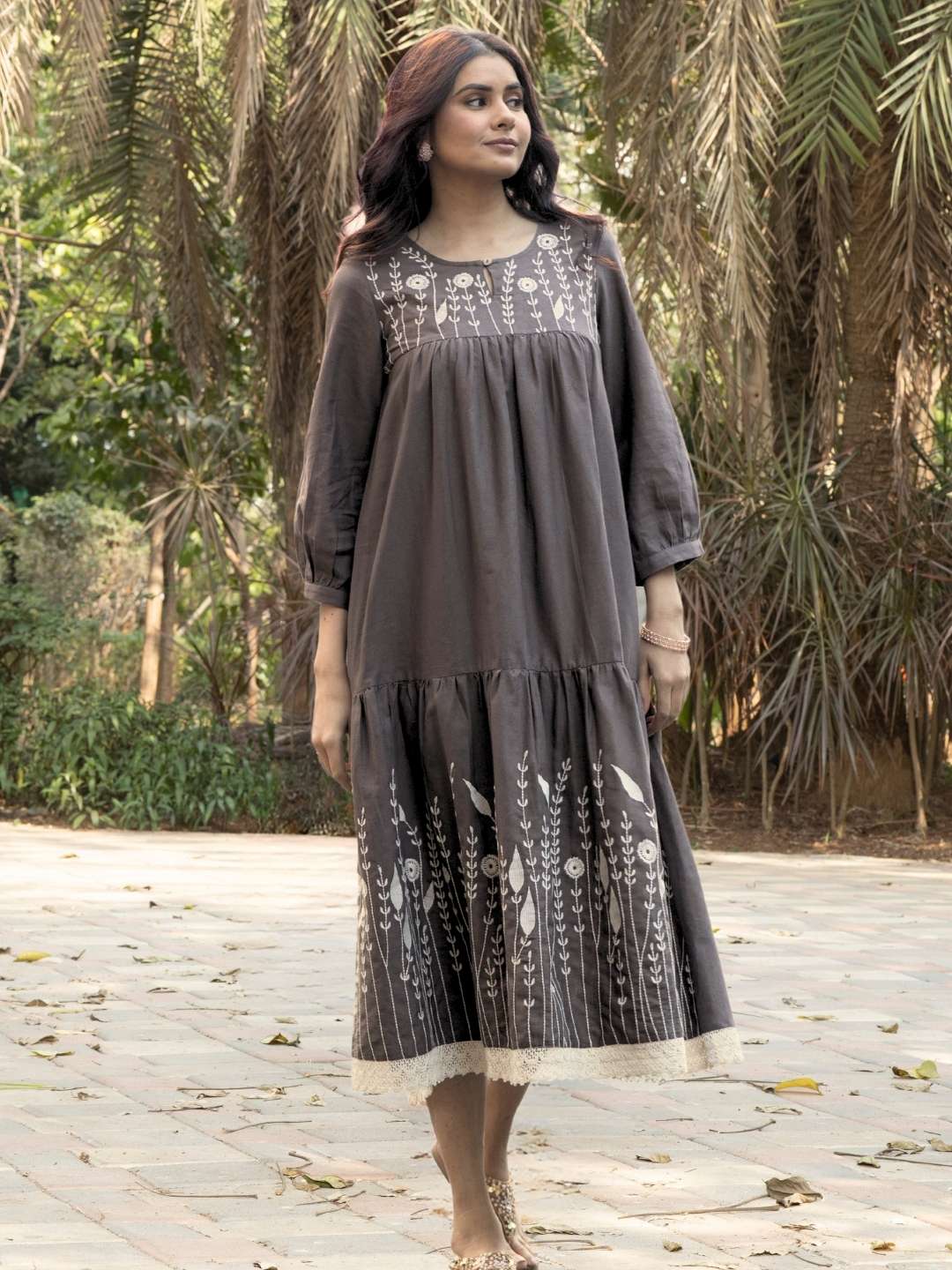 Brown Cotton Linen Embroidered Dress with Lace – Saffron Threads