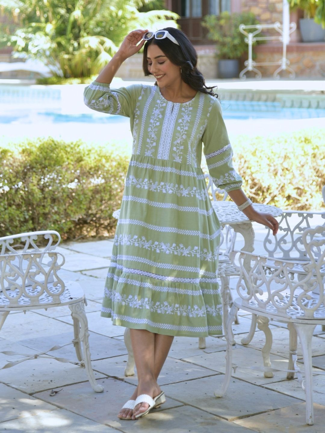 Pastel Green Boho Embroidered Midi Dress – Saffron Threads