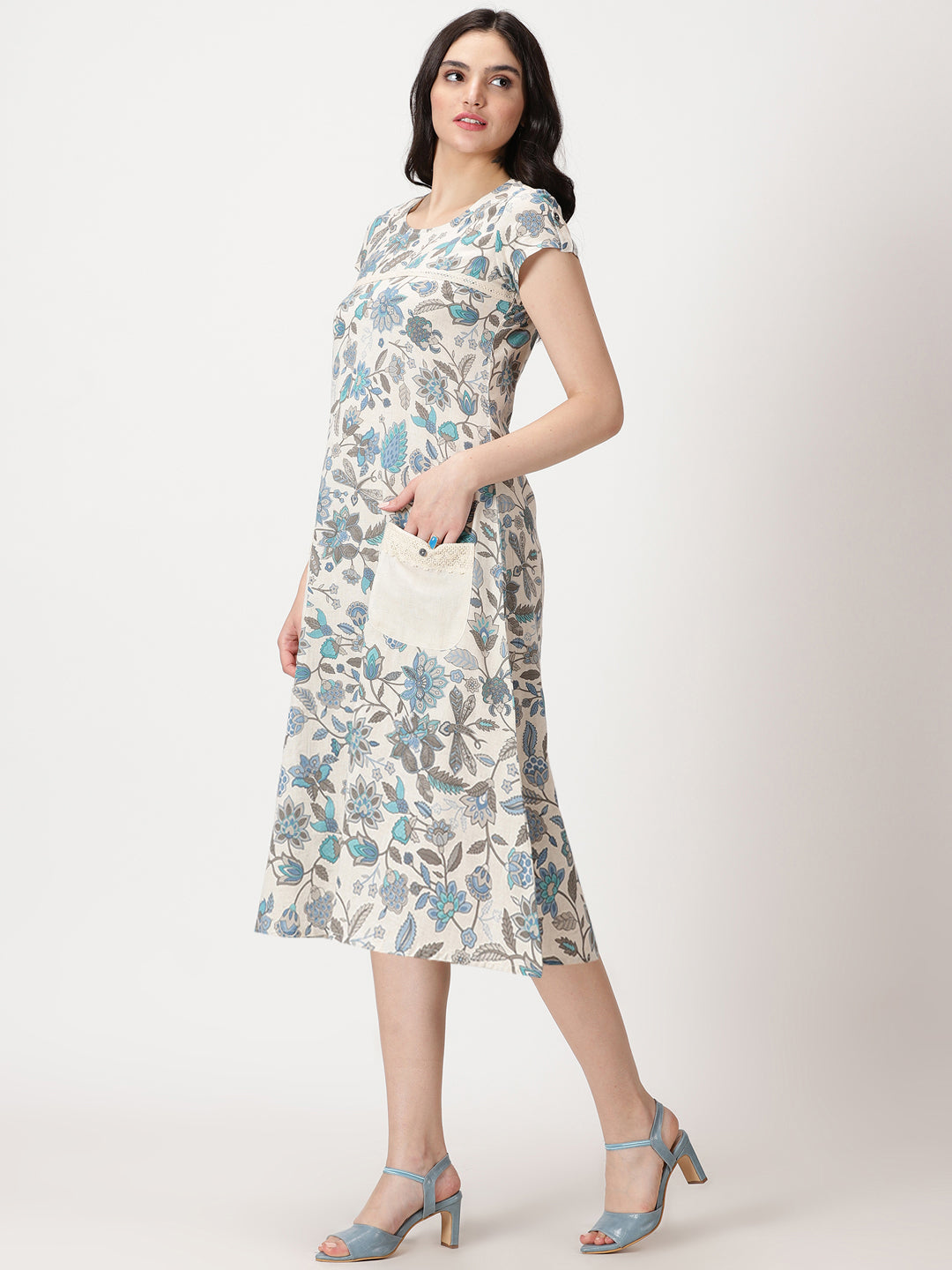 Off White-Blue Ethnic Floral Print Midi Dress with Patch Pockets