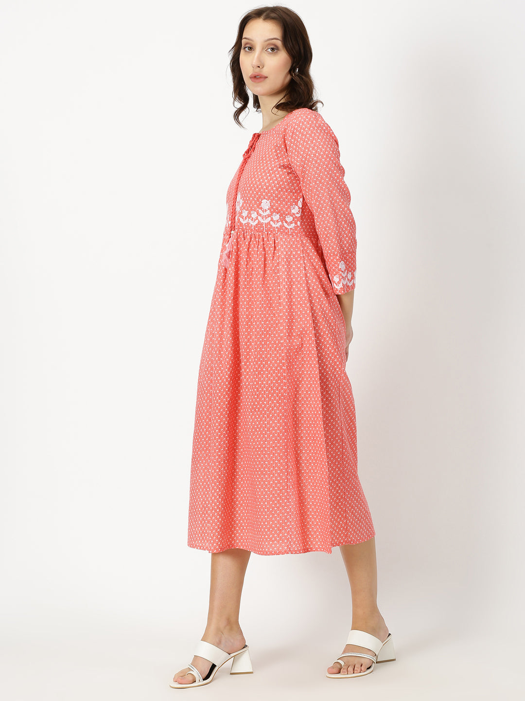 Coral Micro Floral Print Midi Dress with Embroiderey