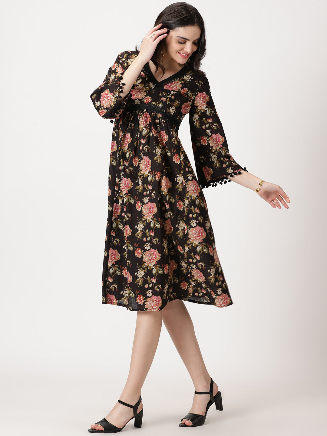 Black Floral Print Cotton Midi Dress with Lace Details