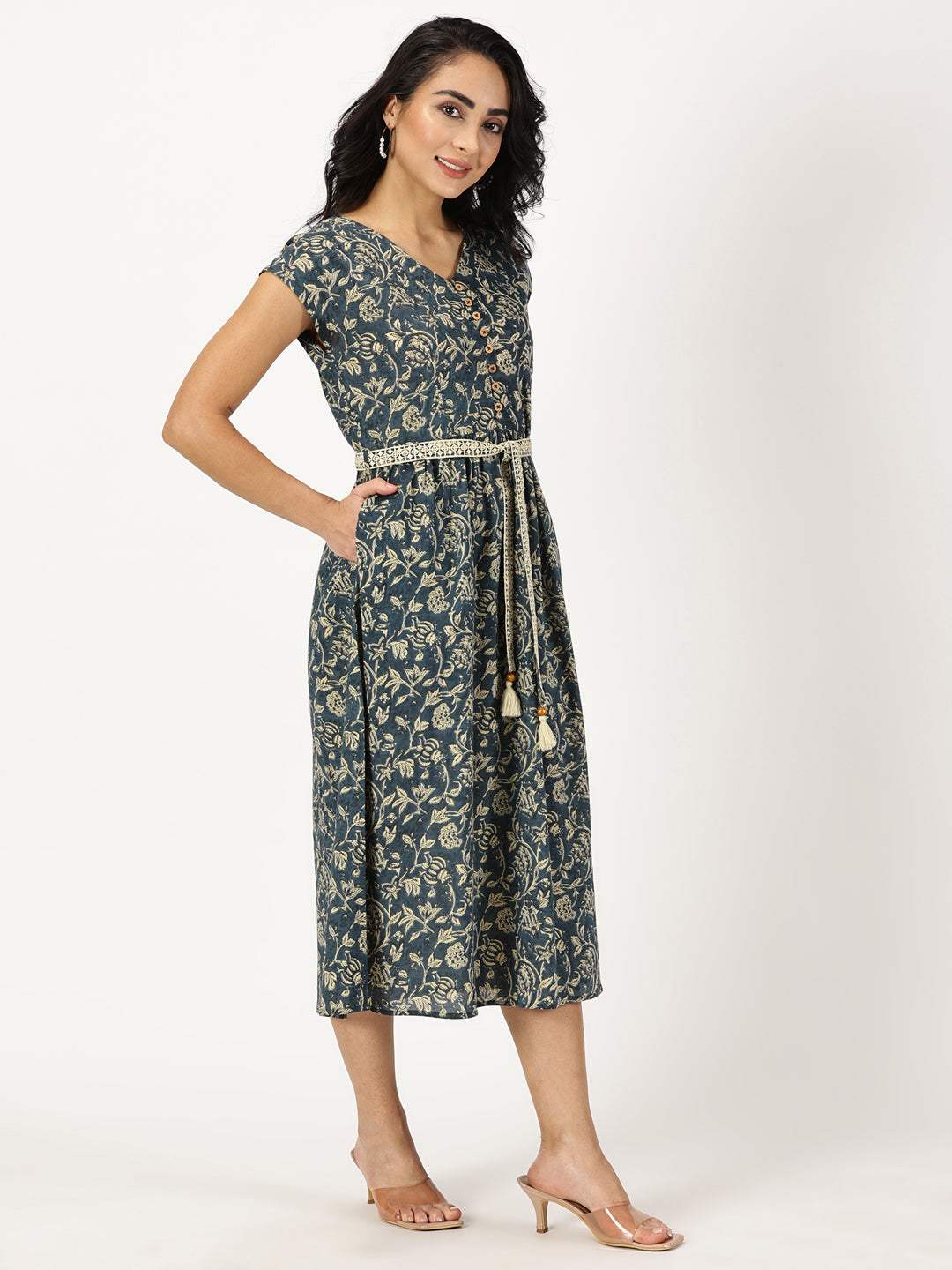 Marble Blue Ethnic Floral Print Dress with Crochet Waist Belt