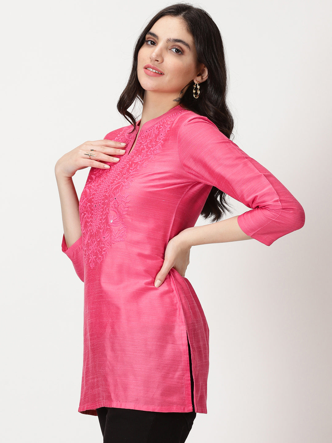 Pink Art Raw Silk Tunic with Embroidered Neck