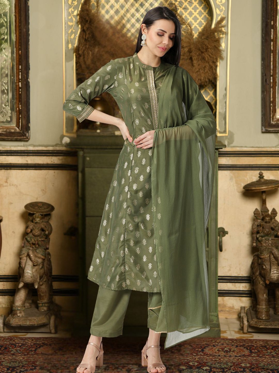 Olive Green Ethnic Motifs Gold Printed Kurta with Trousers & Dupatta Saffron Threads Olive Green Ethnic Motifs Gold Printed Kurta with Trousers & Dupatta Saffron Threads