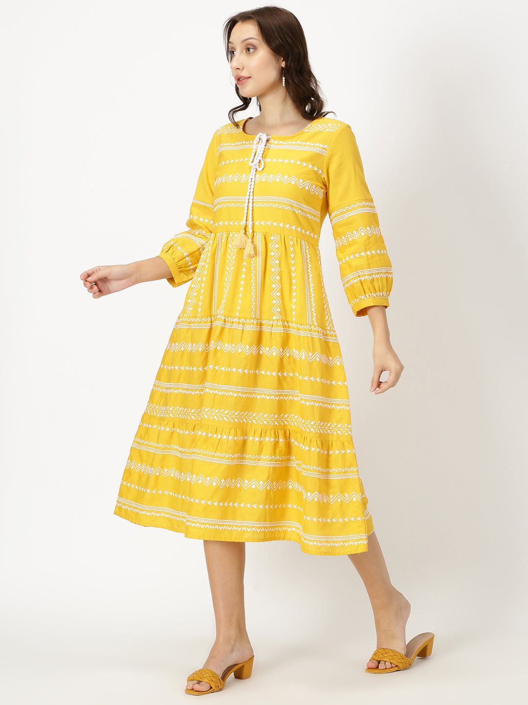 Yellow Embroidered Tiered Boho Midi Dress