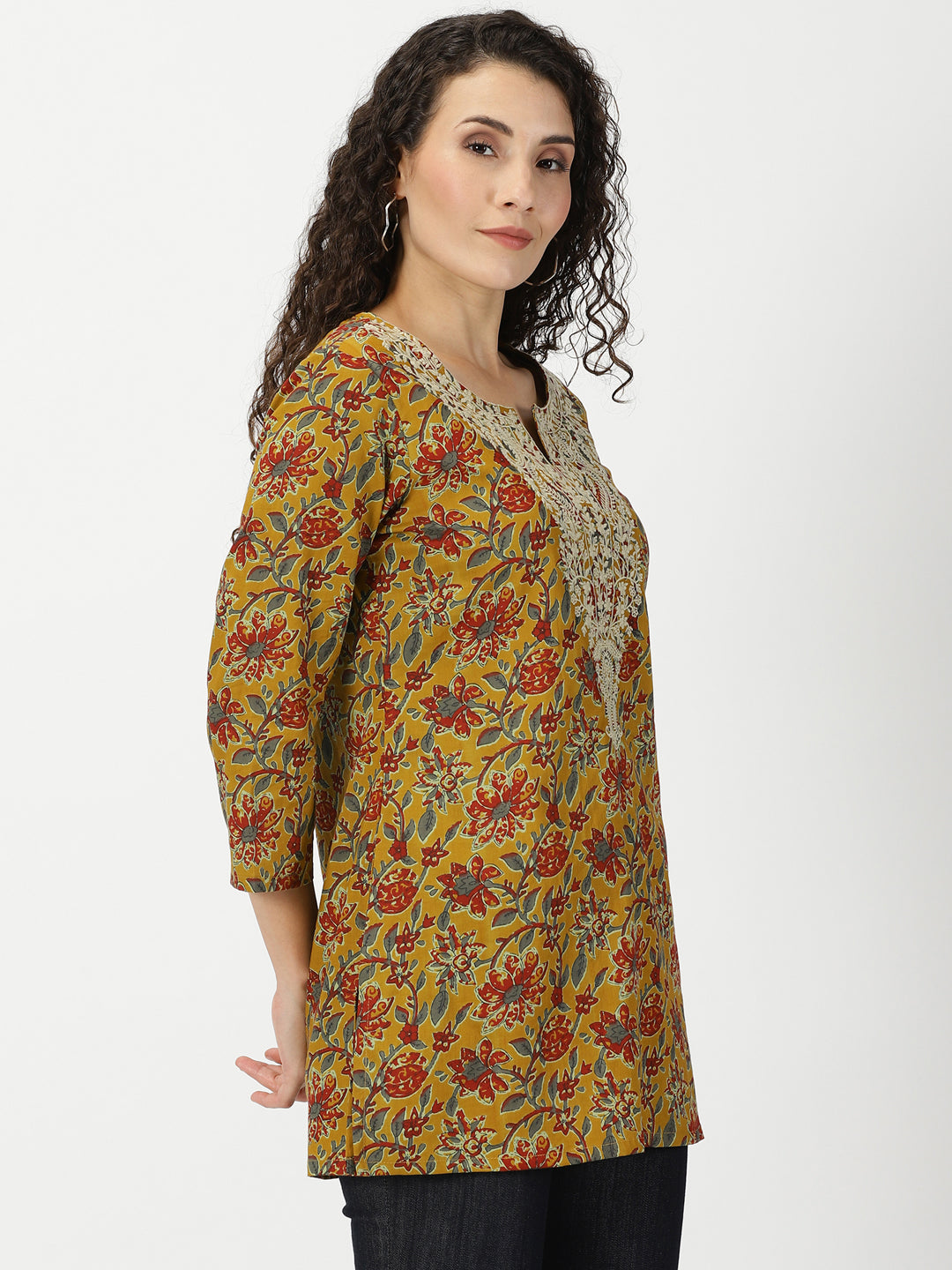 Mustard Floral Cotton Tunic with Embroidered Yoke