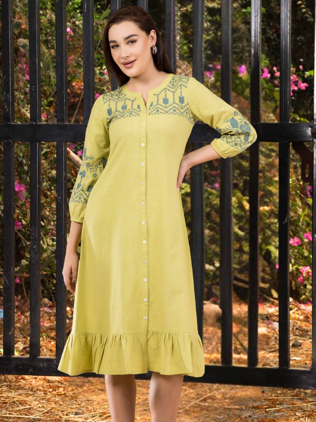 Lime Green Boho Midi Dress with Embroidered Details Saffron Threads Lime Green Boho Midi Dress with Embroidered Details Saffron Threads