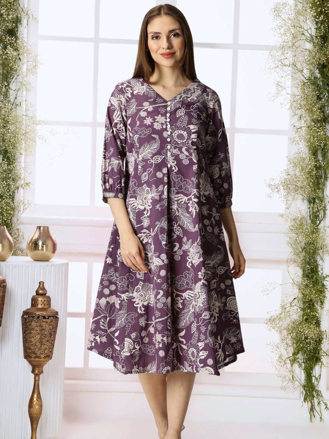 Purple Tropical Print Cotton Dress with Back Strap – Saffron Threads