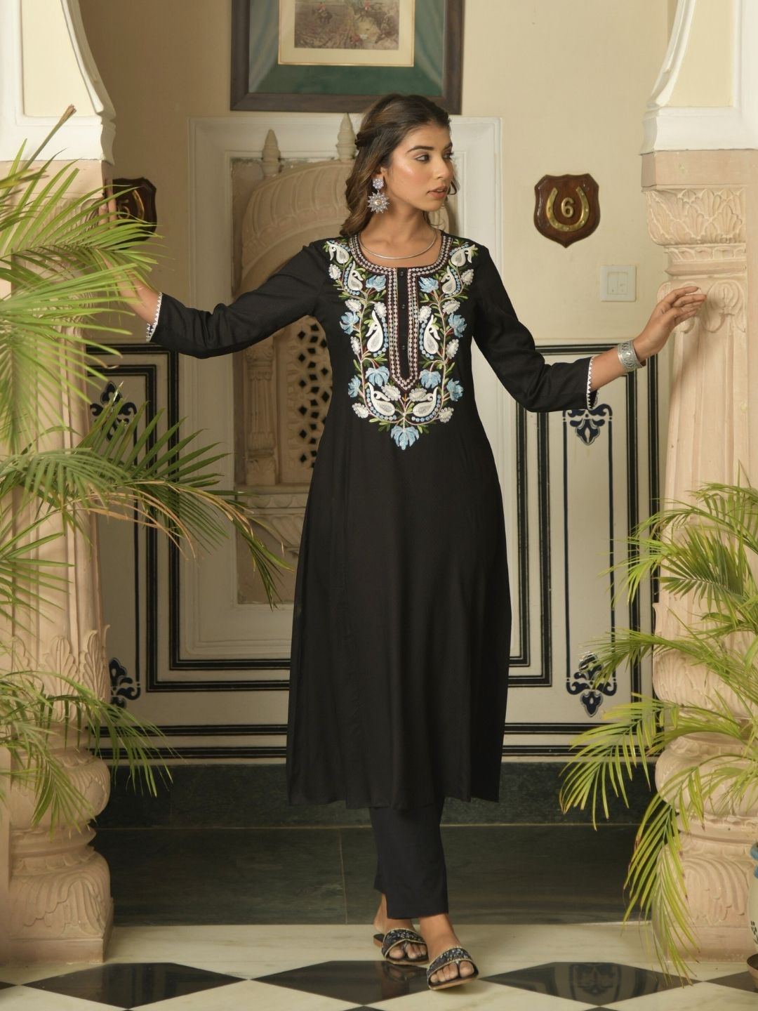 Black Self Design Kurta with Kashida Embroidery  Saffron Threads