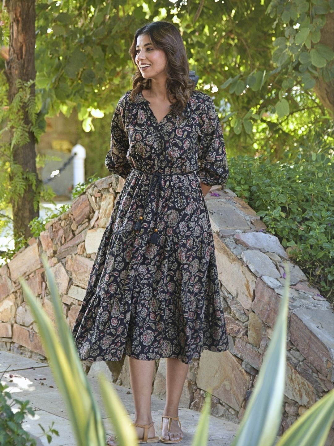 Black Ethnic Floral Print Boho Midi Dress Saffron Threads Black Ethnic Floral Print Boho Midi Dress Saffron Threads