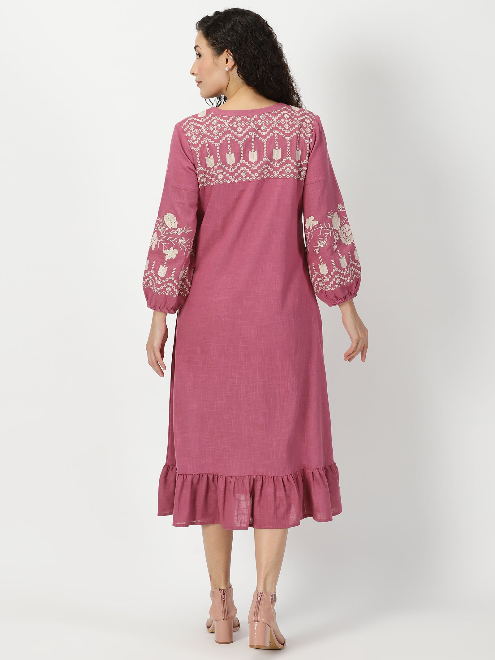 Pink Boho Midi Dress with Embroidered Details