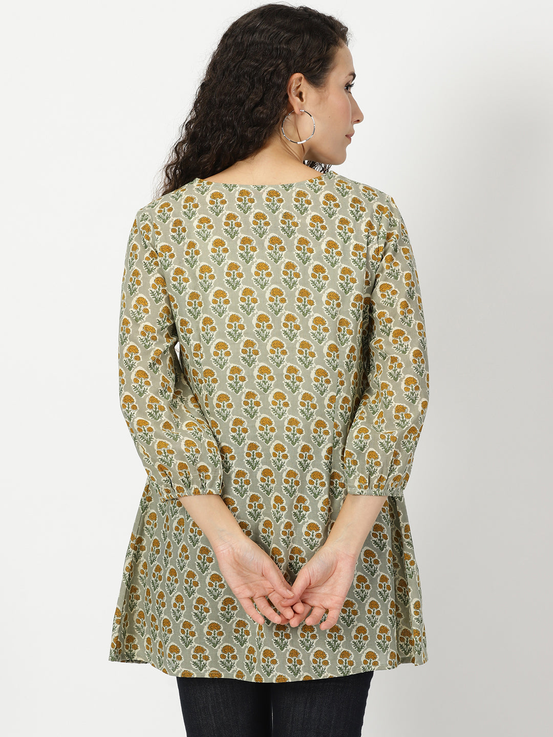 Green Floral Print A-line Tunic with Embroidered Yoke