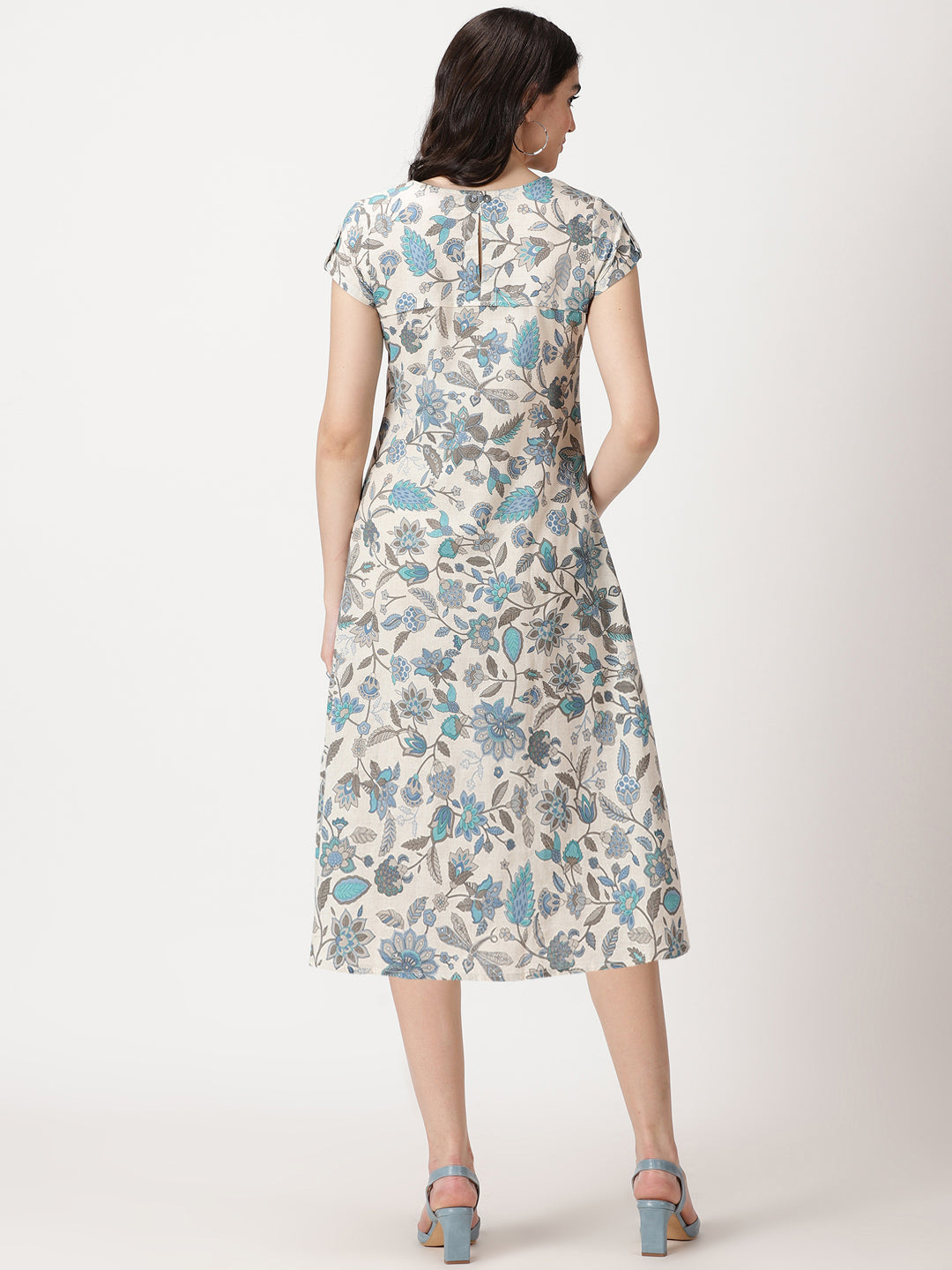 Off White-Blue Ethnic Floral Print Midi Dress with Patch Pockets
