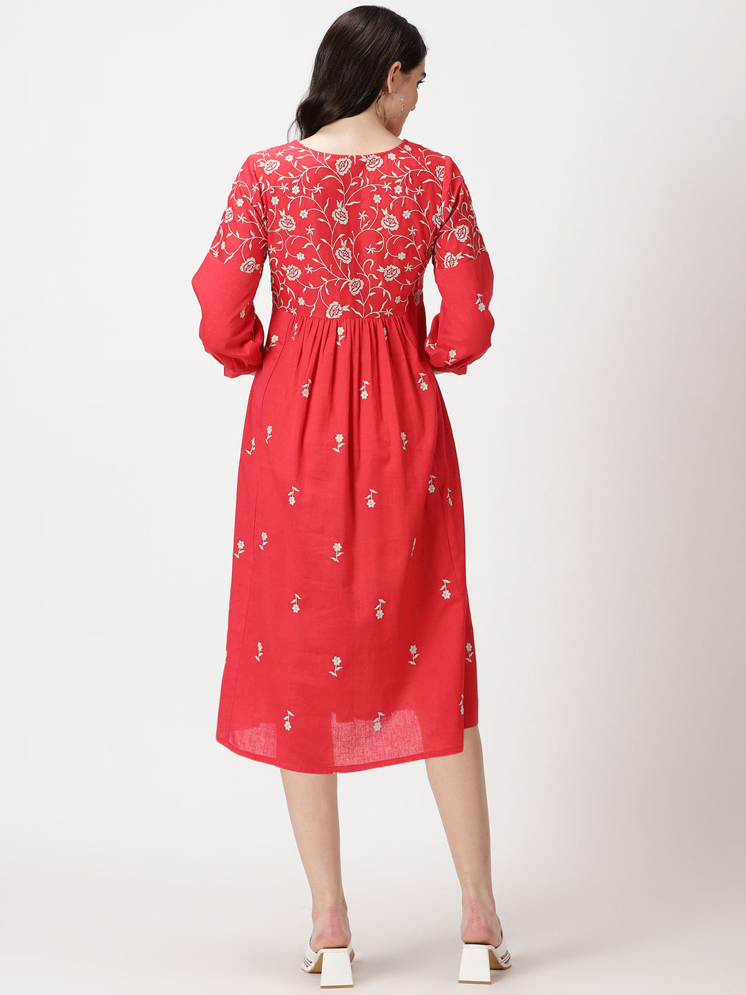 Red Boho Embroidered Midi Dress