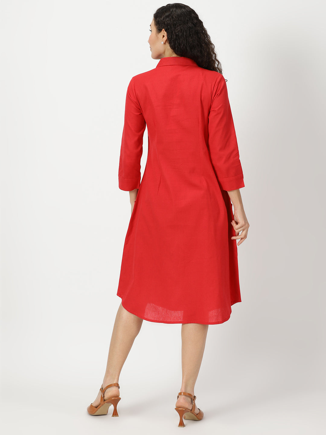Red Solid Midi Shirt Dress