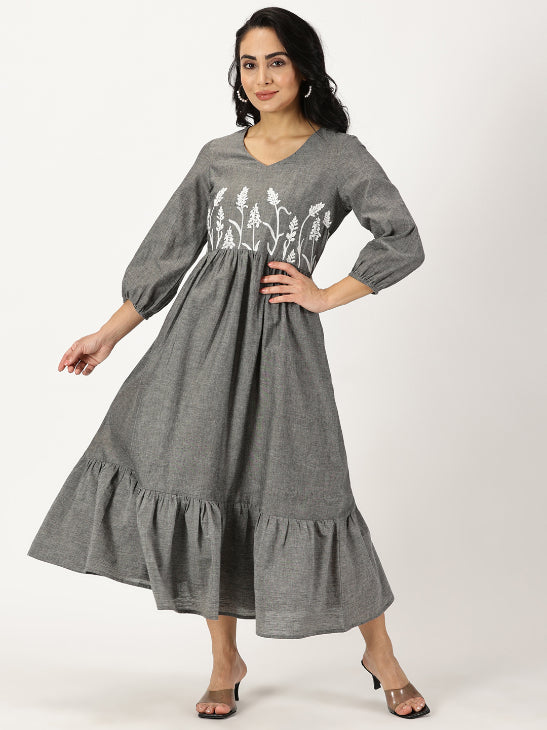 Melange Grey Boho Midi Dress with Yoke Embroidery Saffron Threads Melange Grey Boho Midi Dress with Yoke Embroidery Saffron Threads