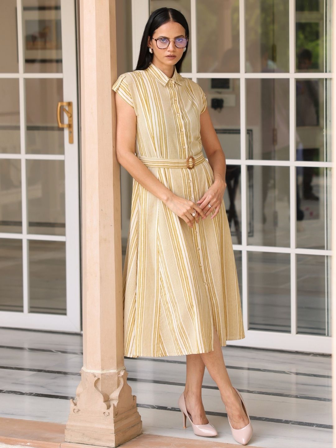 Yellow Striped Print Cotton Flax Dress With Belt Buckle Saffron Threads Yellow Striped Print Cotton Flax Dress With Belt Buckle Saffron Threads