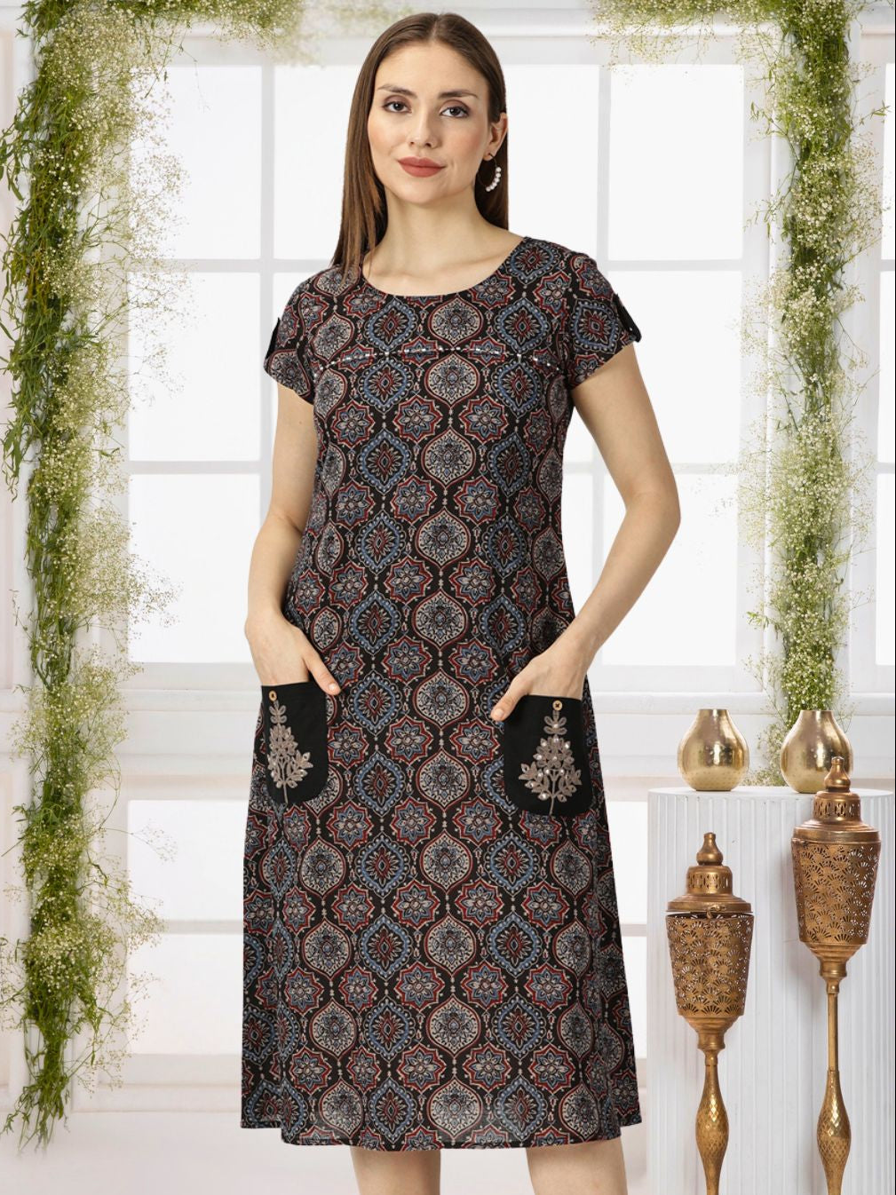 Black Ethnic Motifs Midi Dress with Embroidered Patch Pockets & Should Saffron Threads Black Ethnic Motifs Midi Dress with Embroidered Patch Pockets & Should Saffron Threads