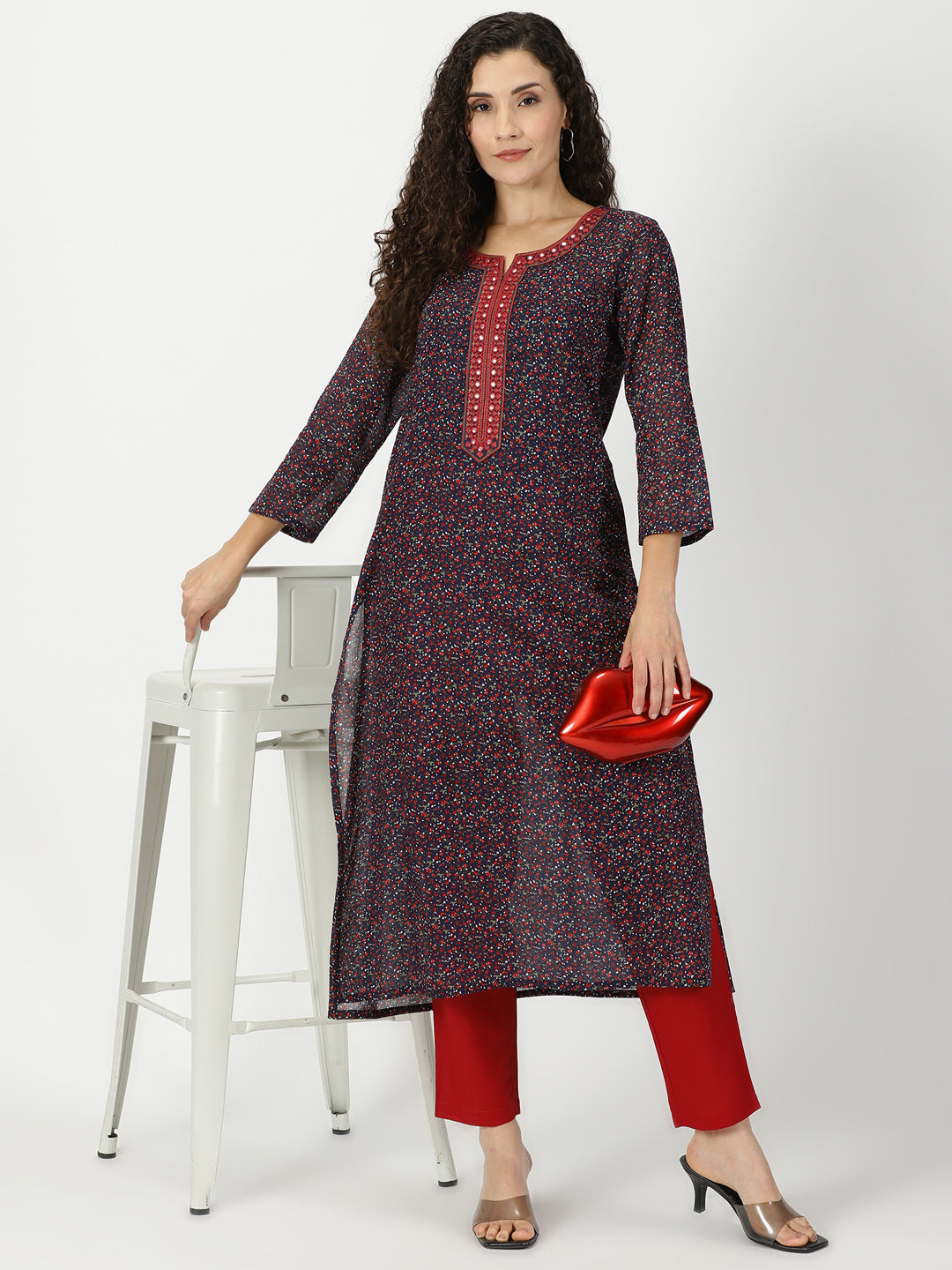 Navy Blue Ditsy Floral Print Cotton Kurta with Mirror Neck Embroidery