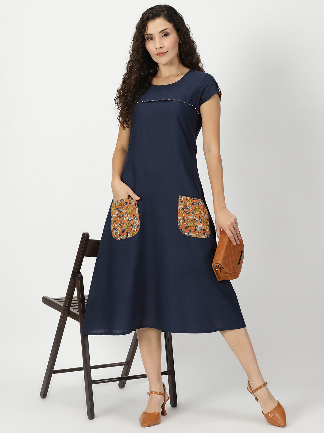 Navy Blue Solid Midi Dress with Bagru Patch Pockets