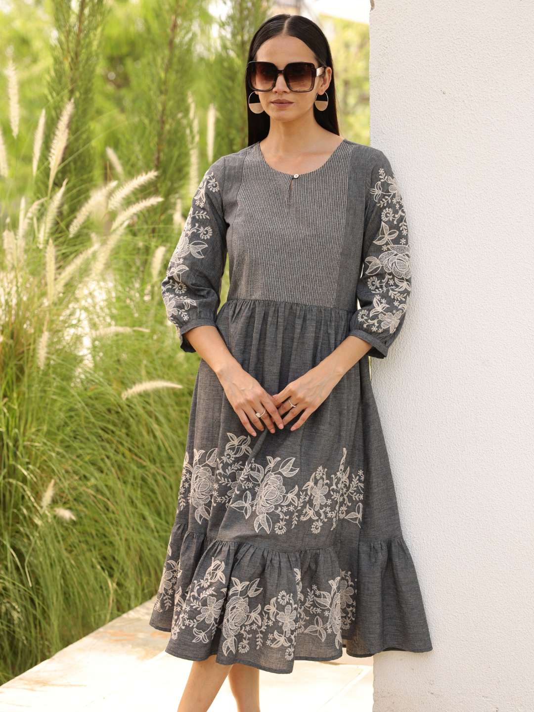 Grey Cotton Tiered Embroidered Dress Saffron Threads Grey Cotton Tiered Embroidered Dress Saffron Threads