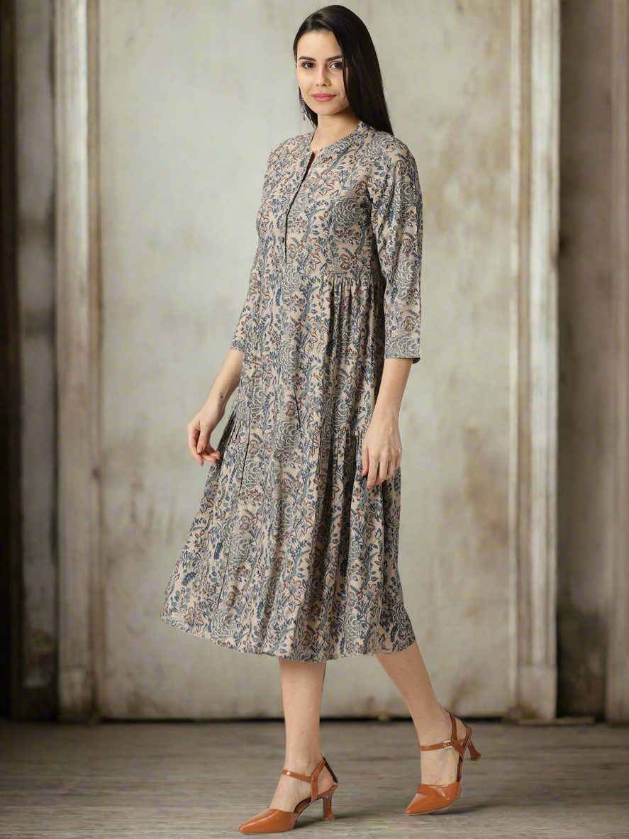 ethnic maxi dress with sleeves Blue Ethnic Motifs Printed Tiered Maxi Dress – Saffron Threads