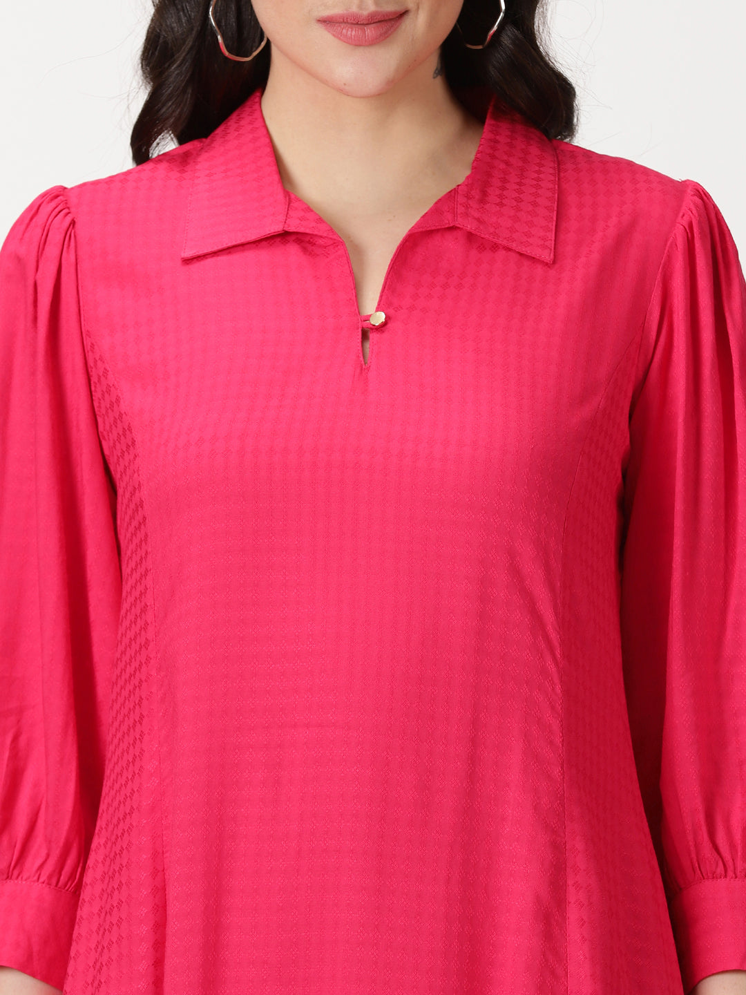 Fuchsia Self Design Shirt Collar Midi Dress