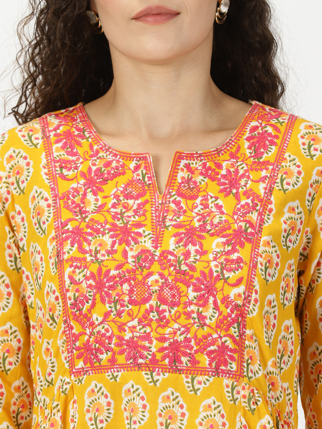 Yellow Sanganeri Floral  Kurta with Yoke Embroidery