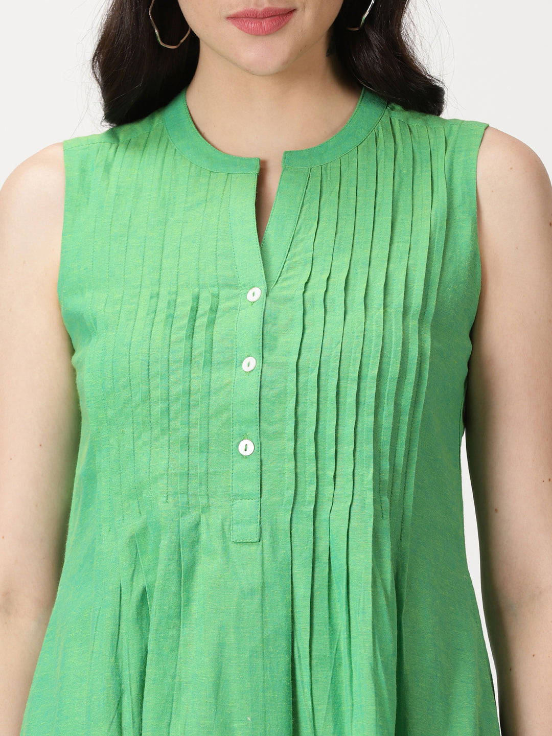 Green Cotton Pintuck Detail Midi Dress