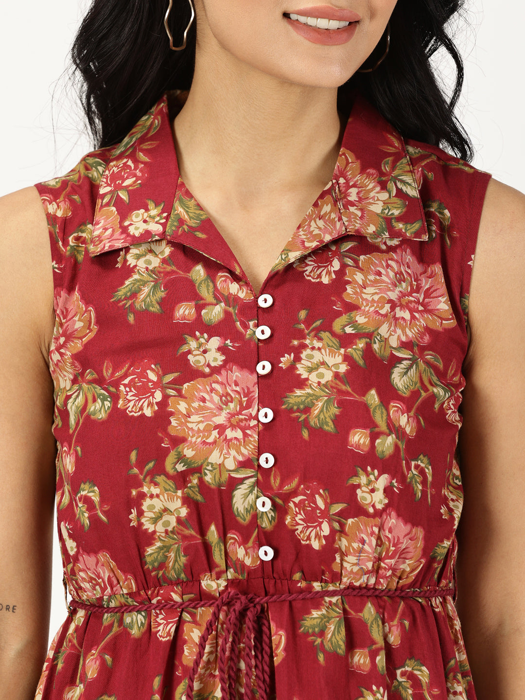 Maroon Vintage Floral Print Shirt Collar Dress with Waist Belt