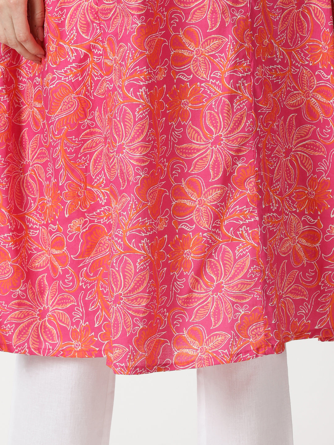 Pink Floral Print Cotton Kurta with Chikankari Yoke Embroidery