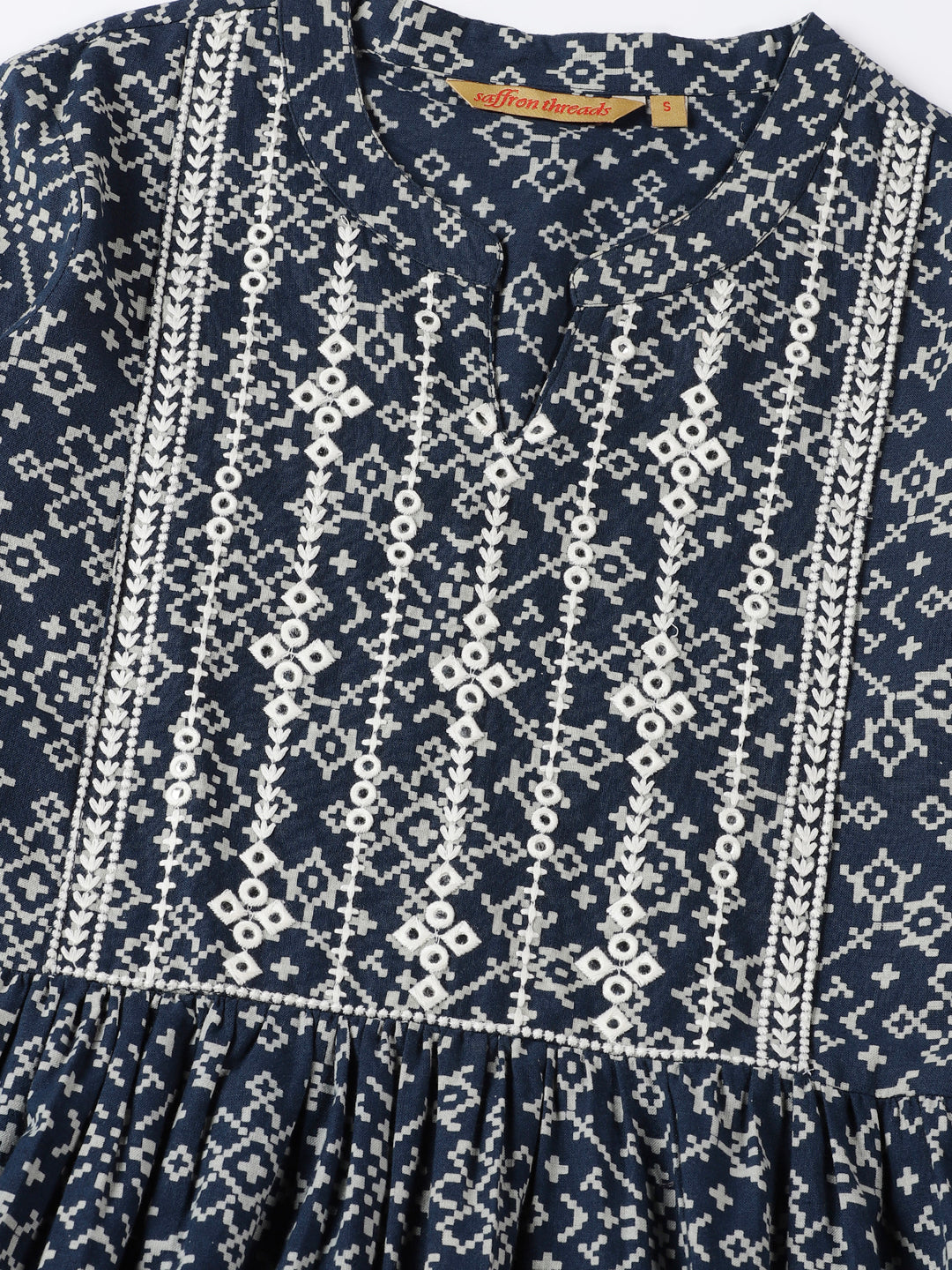 Navy Blue Patola Print Cotton Kurta with Yoke Embroidery