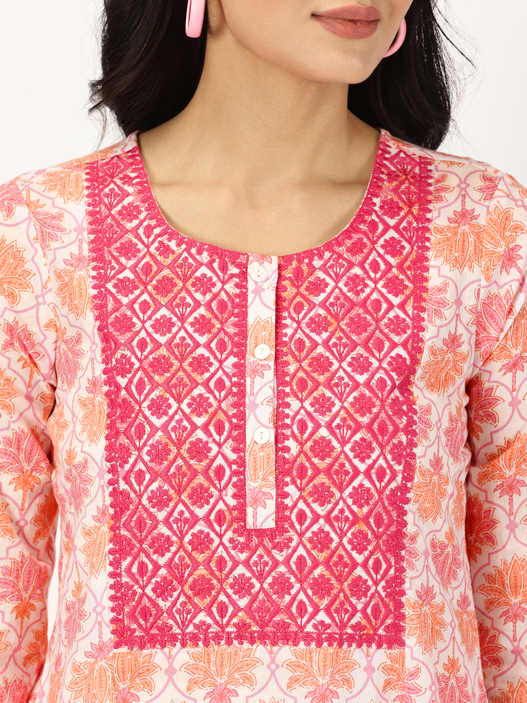 White-Pink Lotus Print Kurta with Yoke Embroidery