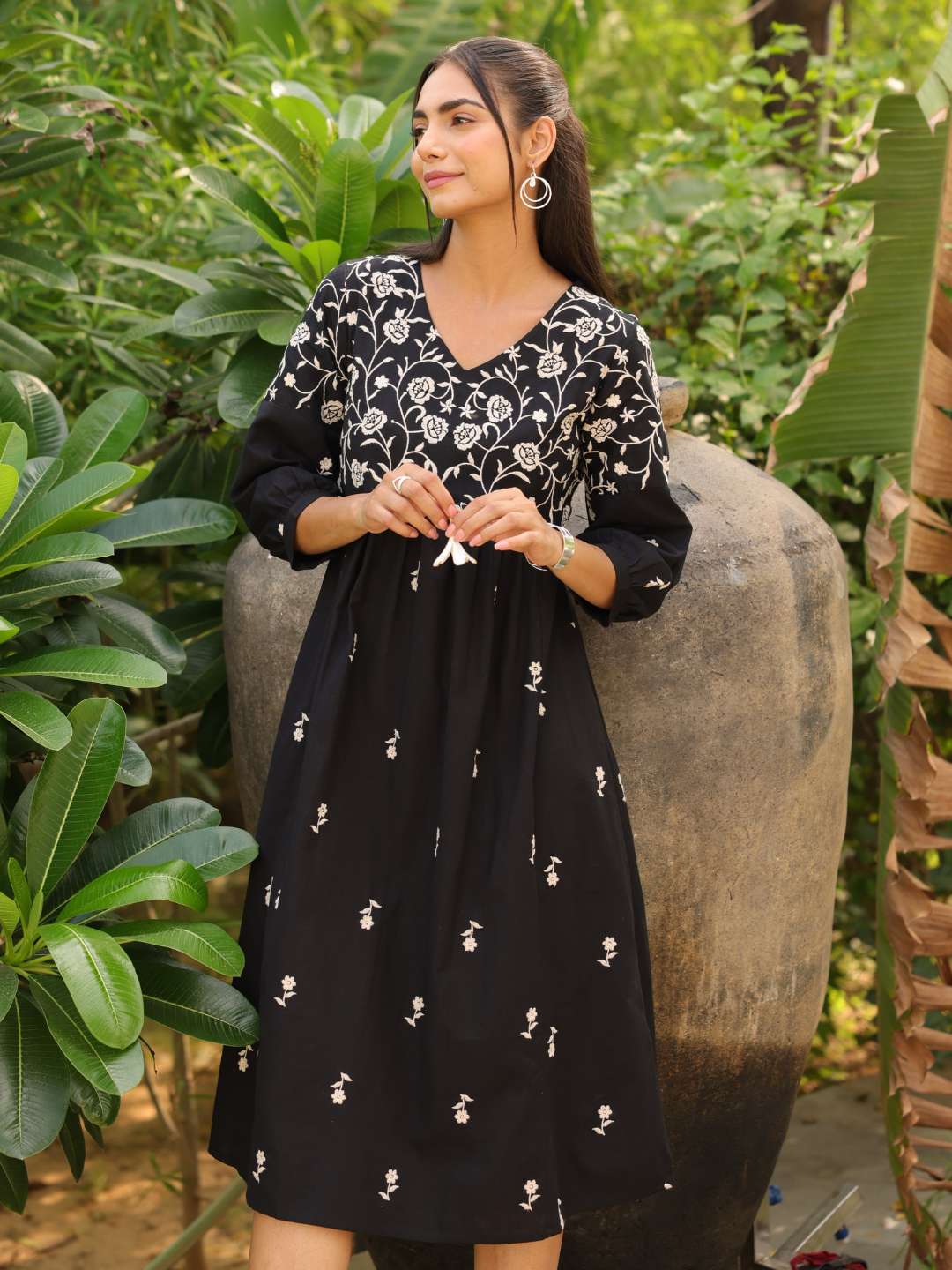 Black Boho Embroidered Midi Dress Saffron Threads Black Boho Embroidered Midi Dress Saffron Threads