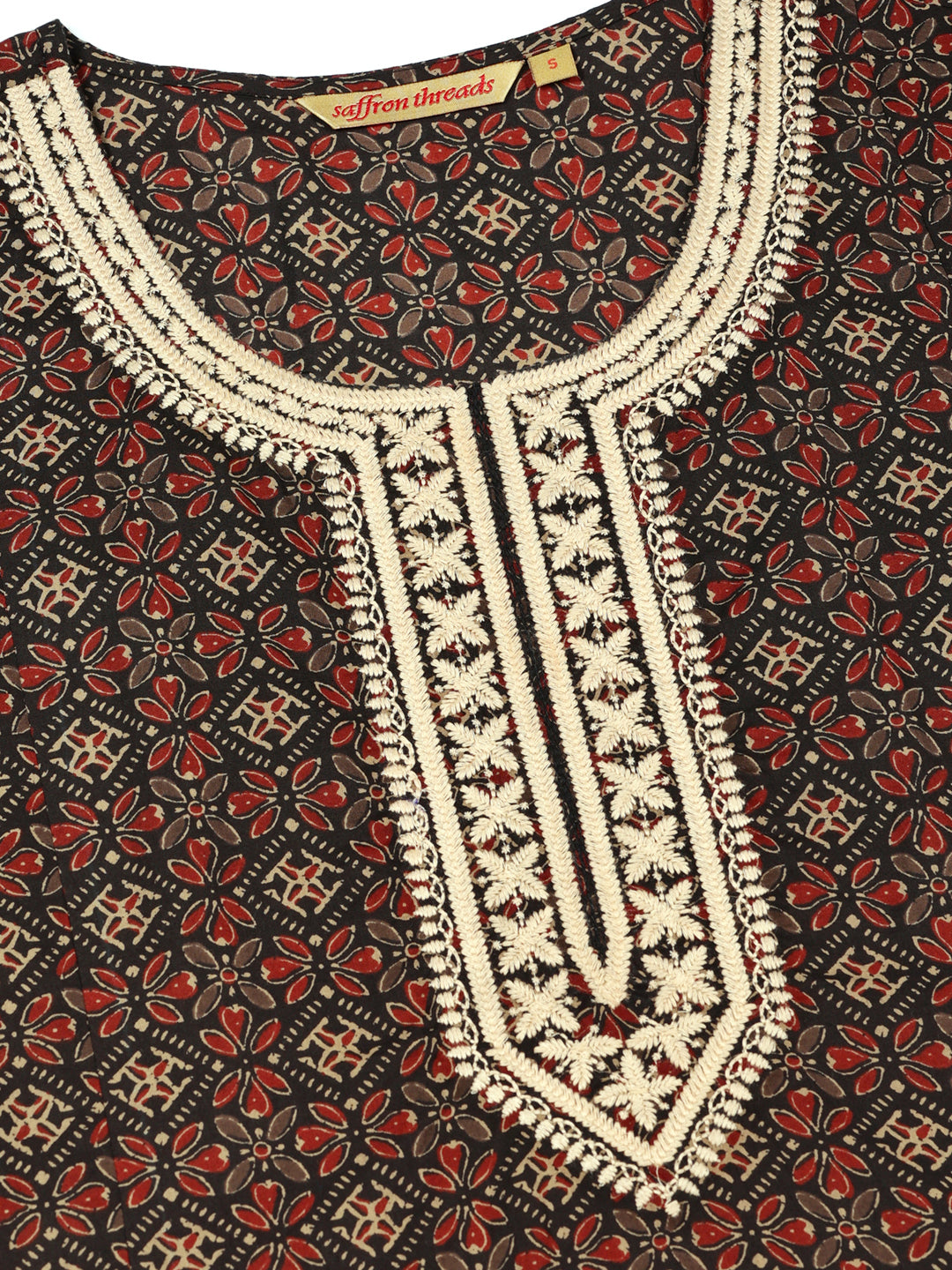 Black Ajrakh Print Kurta with Embroidery Details
