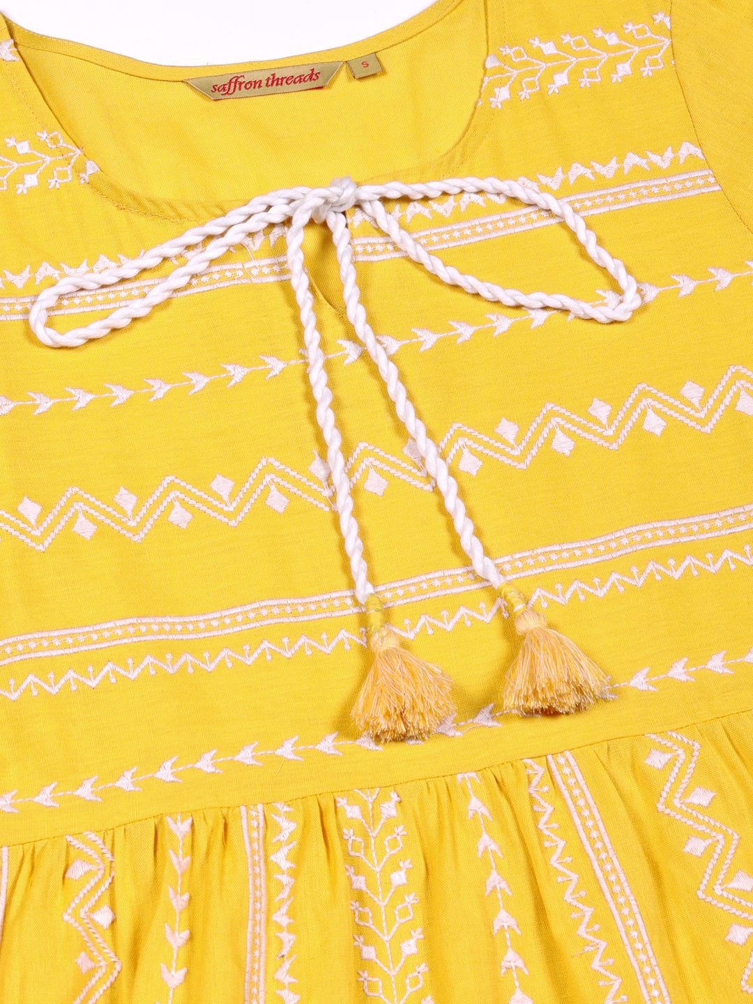 Yellow Embroidered Tiered Boho Midi Dress